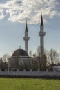 Islam Muslim mosque two minarets. Beautiful photo of mosque, place of worship. Ramadan Islamic religious architecture Royalty Free Stock Photo