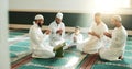 Islam, prayer and group of men in mosque with child, mindfulness and gratitude in faith. Worship, religion and Muslim Royalty Free Stock Photo