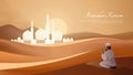 Islam prayer, mosque on desert background. Muslim ramadan kareem, eid mubarak celebration, pray and fasting on sand