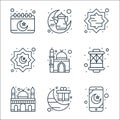 islam and ramadan line icons. linear set. quality vector line set such as mobile app, gift, mosque, lanterns, mosque, decoration,