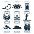 Islam icon set. Muslim prayer icon set with mosque, koran, hadj, kaaba, carpet Royalty Free Stock Photo