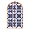 Islam window or gate. Decorative frame. Mosque dome and lanterns. Vector set of oriental geometric ornaments with grid