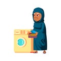 islamic aged woman washing clothes in laundry machine cartoon vector