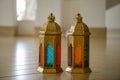 Islamic Arabic design lantern colorful glass and golden metal