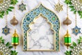 Islamic arch design, marble backdrop, decorative lanterns, and greenery Royalty Free Stock Photo
