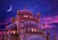 Islamic background with The Al Sahaba Mosque in Sharm El Sheikh against ramadan dusk sky and crescent moon. Fragment Royalty Free Stock Photo