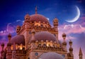 Islamic background with The Al Sahaba Mosque in Sharm El Sheikh against ramadan dusk sky and crescent moon. Fragment Royalty Free Stock Photo