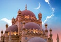 Islamic background with The Al Sahaba Mosque in Sharm El Sheikh against ramadan dusk sky and crescent moon. Fragment Royalty Free Stock Photo