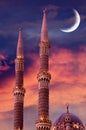 Islamic background with The Al Sahaba Mosque in Sharm El Sheikh against ramadan dusk sky and crescent moon. Fragment Royalty Free Stock Photo