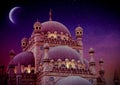 Islamic background with The Al Sahaba Mosque in Sharm El Sheikh against ramadan dusk sky and crescent moon. Fragment Royalty Free Stock Photo