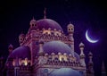 Islamic background with The Al Sahaba Mosque in Sharm El Sheikh against ramadan dusk sky and crescent moon. Fragment Royalty Free Stock Photo