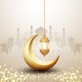 Islamic background with a combination of hanging gold lanterns and golden crescent moon. Fancy backgrounds for posters, banners, Royalty Free Stock Photo