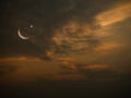 Islamic Background Concept Cloud Sky with Crescent Moon and Star ramadan Religious symbols,Sunrise Twilight Gold Eventing,for