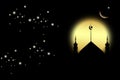 Islamic Background Concept Empty Table Desk with Mosques Dome, Star,Crescent Moon Ramadan Religious symbols,Sunrise Twilight