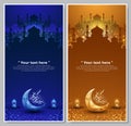 Islamic background with crescent moon, glowing lantern and mosque.