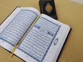 Islamic background for Eid al-Fitr,adha, Quran open page showing Surah Ar Rahman. A medina manuscript on a light brown background.