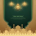 Islamic background with glowing hanging lantern and mosque. Luxury Greeting card background with 3D paper cut style