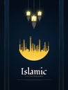 Islamic Background with Gold Arabic Lanterns and Mosque on Blue Paper Cut Background for Ramadan or Eid Greeting card Royalty Free Stock Photo