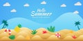 Paper cut style Summer background with beach balls, pool floats, beach animals