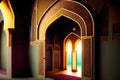 Islamic background painting. Mosque and shadows. Light rays from mosque window or door. Prayer\'s vision, generative ai. Royalty Free Stock Photo