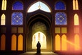 Islamic background painting. Mosque and shadows. Light rays from mosque window or door. Prayer\'s vision, generative ai. Royalty Free Stock Photo