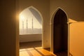 Islamic background painting. Mosque and shadows. Light rays from mosque window or door. Prayer\'s vision, generative ai Royalty Free Stock Photo