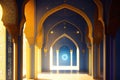 Islamic background painting. Mosque and shadows. Light rays from mosque window or door. Prayer\'s vision, generative ai. Royalty Free Stock Photo