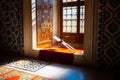 Islamic background photo. Rahle or lectern in the window of a mosque. Royalty Free Stock Photo