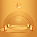 Islamic background with podium, moon, stars, mandala and lantern