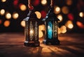 Islamic Background Ramadan and Eidal fitr Concept image, Colorful Traditional lantern light lamp and Tasbih, new creative ramadan