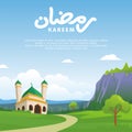 Islamic banner background. marhaban ya ramadhan greeting Card with Cute and trendy mosque on the hill