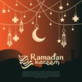 ramadan karrem greeting banner template with silhouette of mosque in evening and crescent moon, lantern, star ornament.