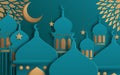 Islamic beautiful design template. Mosque with yellow moon and stars on turquoise background in paper cut style. Ramadan kareem