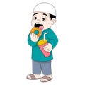 Islamic boy is standing eating donuts for iftar of Ramadan