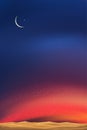 Islamic card with Crescent moon and Milky Way and Orange light on desert sand dunes at Night,Vector Vertical banner Night sky for Royalty Free Stock Photo