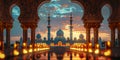 Islamic celebration background featuring a mosque illuminated with lights, framed by an ornate arch. Ideal for Ramadan, Eid al- Royalty Free Stock Photo