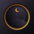 Islamic circle for ramadan kareem vector greeting banner background with art paper cut style, shiny moon and mosque scenery.