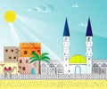 Islamic colorful cityscape with houses, mosque and minaret