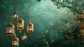 Islamic colorful lanterns hanging from the ceiling in a row