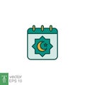 Islamic date icon for eid, muslim fasting ramadan. Calendar page with muslim moon and star