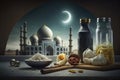 Islamic decoration background with lantern and crescent moon luxury style, ramadan kareem, mawlid, iftar, isra miraj, eid al fitr