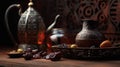 Islamic decoration with dates and tea with blurred dark background wallpaper