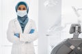 Islamic Dentist Lady Wearing Protective Medical Face Mask Posing At Worklace In Clinic