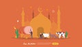 islamic design illustration concept for Happy eid al adha or sacrifice celebration event with people character for web landing