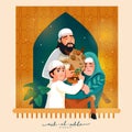 Islamic Festival , Eid-Al-Adha Mubarak Concept with Muslim Family Holding Goat