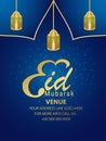 Islamic festival eid mubarak invitation party flyer with vector lantern on blue background