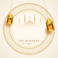 islamic festival eid mubarak wishes background with realistic lantern Royalty Free Stock Photo