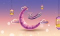 Islamic festival of Eid Sayeed celebration banner or poster design with beautiful crescent moon, clouds and hanging lanterns on Royalty Free Stock Photo