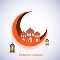 Islamic Festival of Holy Month, Ramadan Kareem Celebration Concept with Crescent Moon, Silhouette Muslim Man Praying In Mosque