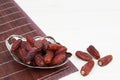 Islamic festival of Ramadan concept. with a delicious tropical dates on a silver plate and shiny rosary on a white wooden table ba Royalty Free Stock Photo